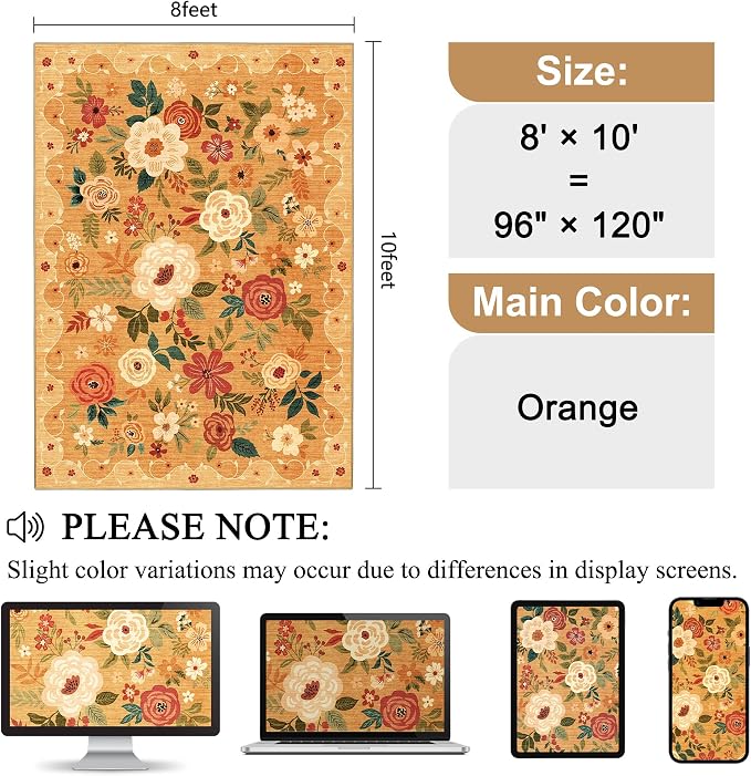DUKINO 8x10 Area Rug, Floral Rugs for Living Room, Lightweight Non Slip Washable Rug, Indoor Low Pile & Non-Shedding Boho Design Rugs for Bedroom, Living Room, Dining Room, Orange