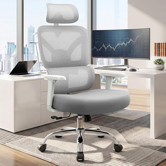 Ergonomic Office Desk Chair, Computer Chair Comfy for Home Office, Standard | Adjustable Lumbar Support for Back Pain Relief, 4.33'' Thick Foam Cushion, 3D Headrest, Steel Frame, 300LBS, LightGray