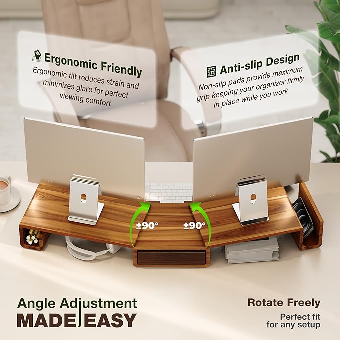 Wooden Dual Monitor Stand Riser with Drawer, 40.4'' Ergonomic Monitor Stand for Desk with Adjustable Length and Swivel Angle, Wooden Desktop Organizer for Laptop, PC, Computer,Printer (Acacia)
