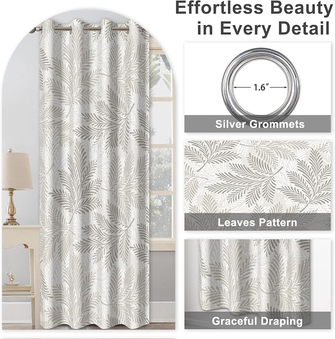 Blackout Curtains for Bedroom Living Room, Grommet Thermal Insulated Room Darkening Bedroom Curtains, Pine Needles Print Drapes 84 Inch Long 2 Panels Set Light Filtering Reduce Noise Protect Privacy