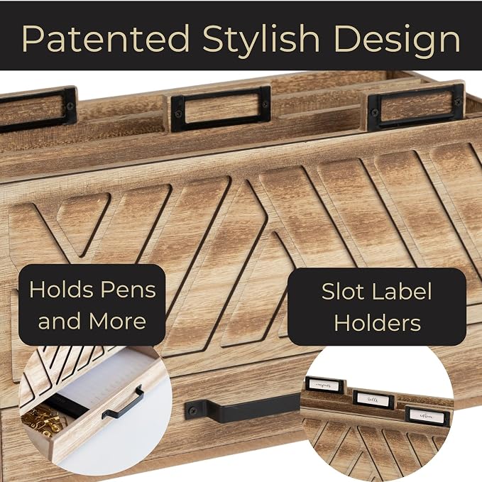 BLU MONACO | Natural Wood Desktop Mail Organizer with Drawer | Three-Tier Mail Sorter with Black Label Holders | Countertop Mail Holder & Document Storage for Home or Office