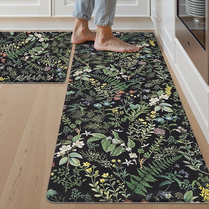 SHACOS Botanical Kitchen Rugs Set of 2, 17x27.5+17x47 inch | Black Green Anti Fatigue Mats for Kitchen Floor, Greenery Plants Ergonomic Cushioned Mats Leaf Floral Farmhouse