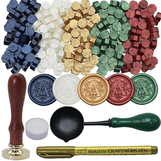 Initial Alphabet A Wax Seal Stamp Kit, Retro Letter A Sealing Stamp with 150Pcs Sealing Wax Beads Spoon Pen Set for Wedding Invitations Cards Envelopes (A)