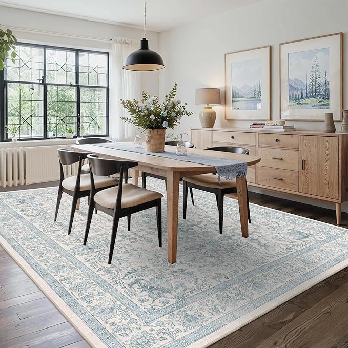 9x12 Blue Washable Area Rugs for Living Room Non Slip Low Pile Vintage Boho Throw Rug Soft Retro Distressed Floral Large Carpet Indoor Farmhouse Decor for Bedroom Dining Room Office Kitchen Playroom