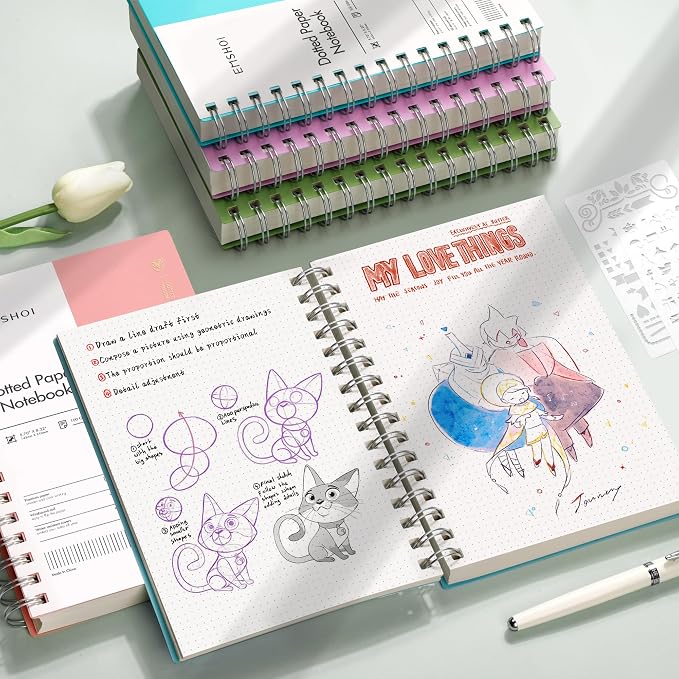 EMSHOI Dotted Journal Spiral Notebook, 300 Pages, A5 Small 5.7"x8.22", 100 GSM Thick Paper, Flexible Plastic Cover, 5mm Dot Grid Notebook for Journaling, Planning, Drawing, Writing, Purple