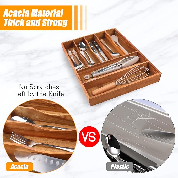 Bamboo Silverware Organizer, 12"x15.7" Utensil Holder Cutlery Tray with Grooved Drawer Dividers for Kitchen Flatware, Bedroom, Office (7 Slot, Acacia)