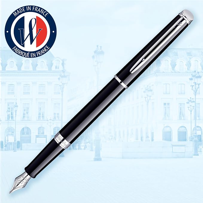 Waterman Hémisphère Fountain Pen, Gloss Black with Chrome Trim, Medium Nib with Black Ink Cartridge, Gift Box