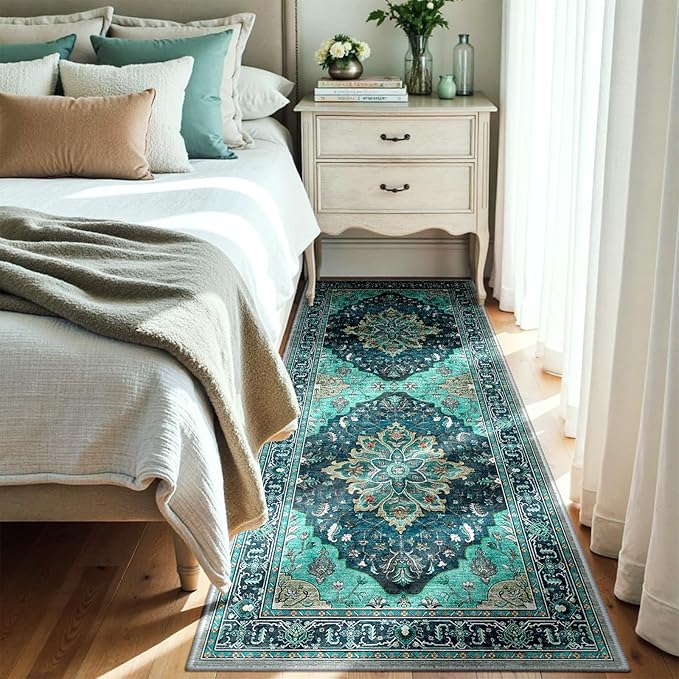 RELEANY Area Rugs Runner 3'x7' Washable Non-Slip, Floral Vintage Distress Medallion Carpet for Kitchen Hallway Bedroom Beside Laundry Room Bathroom, Teal Green Lake Blue Turquoise