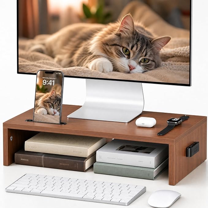 BONTEC Monitor Stand Riser with Cellphone Holder & Cable Management | 16.7 Inch Wood Monitor Riser Stand, Desktop Stand for PC/TV/Laptop/Printer, Walnut