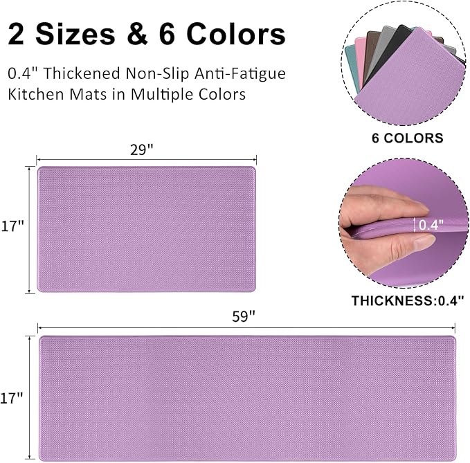Kitchen Mats and Rugs Set of 2 - Cushioned Anti-Fatigue Kitchen Rug for Floor Washable 17"x29" +17"x59", Lightpurple