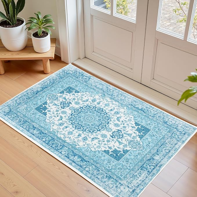 Macgace 2x3 Small Area Rug for Entryway, Soft Washable Rugs with Non-Slip Backing for Bedroom Kitchen, Vintage Throw Carpet Laundry Entry Door Decor, Celestial Blue