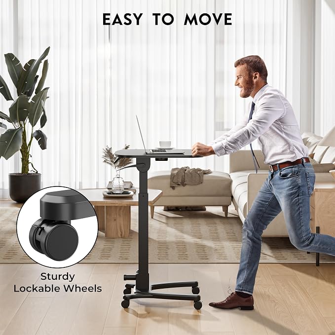 BONTEC Mobile Foldable Standing Desk, Portable Adjustable Height Desk with Gas Spring, Small Rolling Laptop Desk with Wheels for Home, Office, Bedroom, and Medical Use, 25.6" x 19.7" Desktop, Black