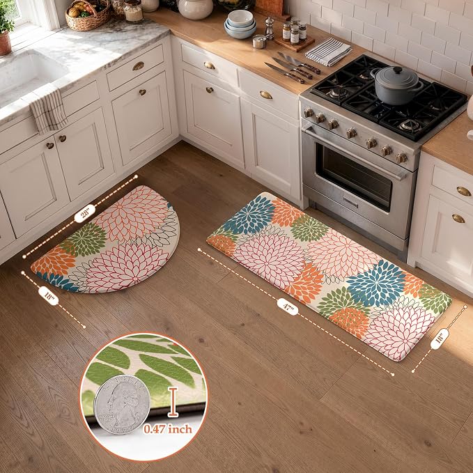 KIMODE Half Circle Anti Fatigue Mats for Kitchen Floor Rug Sets of 2 | 18"x28+18"x47",Orange,Half Round,2PCS,Dahlia Floral Boho,Non Slip,Waterproof,for Sink Office Laundry Bathroom Decor