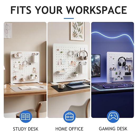 White Metal Desk Pegboard Organizer, 15.75 in with Hooks and Shelves | White metal desktop pegboard with support feet, hooks, shelves, storage cup and magnets for office, bedroom and craft storage