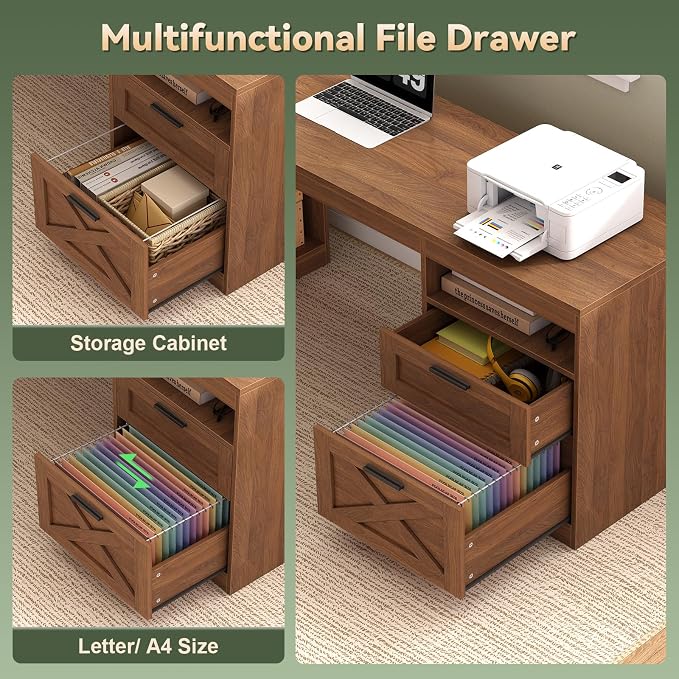 66 inch Farmhouse L Shaped Standing Desk with Storage for Home Office | Corner Electric Standing Desk with Drawers ＆ Storage Shelves, Height Adjustable Computer Desk with Power Outlets, Brown