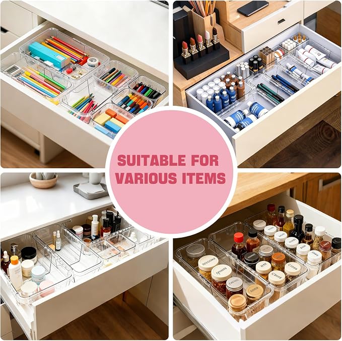 16 PCS Extendable Drawer Organizer Set Clear Stackable Vanity Storage Bins | 2-Size BPA-Free Acrylic Trays, Non-Slip Stackable Boxes for Makeup Cosmetics Office Desk Utensils Bathroom Dresser Countertop
