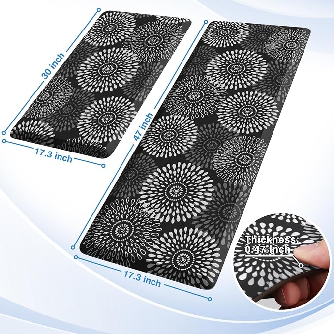 LuxStep Kitchen Mats for Floor,0.47 inch Thicker Cushioned Rug Anti-Fatigue Mats for Kitchen Decor Accessories,Waterproof Non-Slip Mats and Rugs Set for Office,Laundry 17.3"×29"+17.3"×47",Black