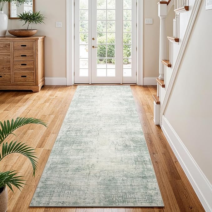 3x8 Hallway Washable Runner Rug - Non-Slip Kitchen Rugs with Rubber Backing Abstract Neutral Low-Pile Carpet Runners for Laundry Room Home Decor Bedroom Bathroom Entryway (Green,3x8)