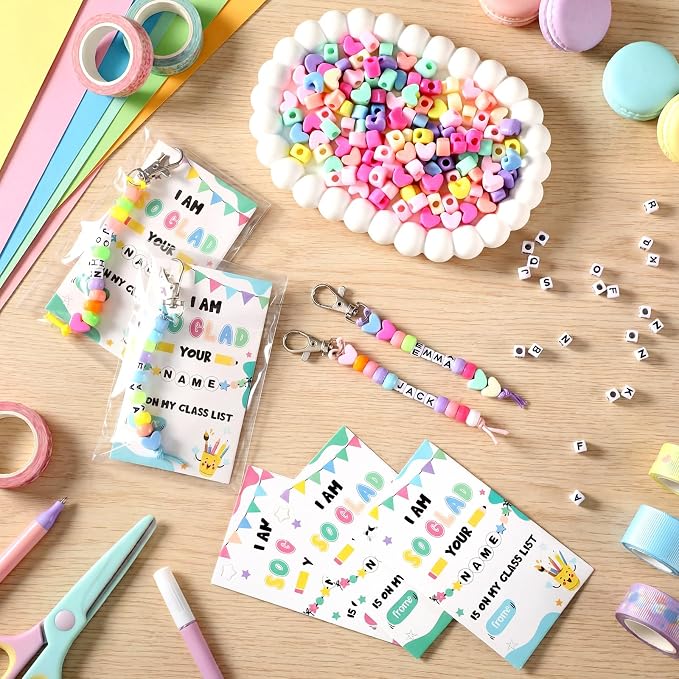 Cunno 1446 Pcs 36 Set Back to School DIY Bead Keychain Making Kit Key Chain Crafts Alphabet Bead Jewelry Key Ring Welcome First Day of School Gift Swaps Graduation Party Favors(Modern Pastel)
