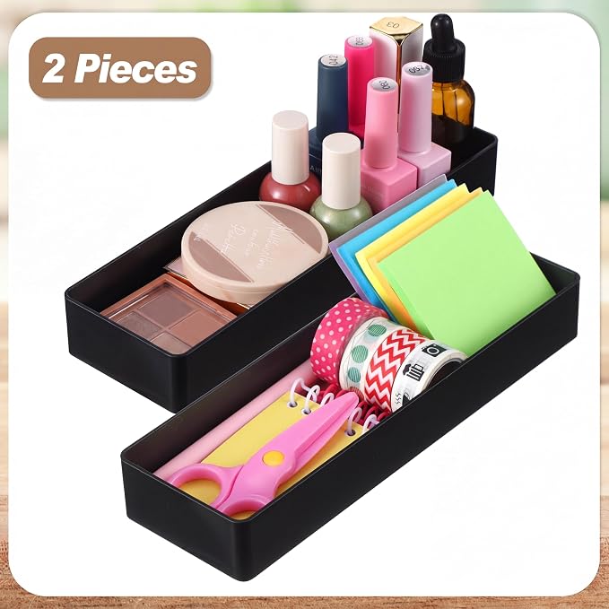 Teling 2 Pcs Black Plastic Desk Organizer Tray Shallow Drawer Pencil Tray Tabletop Organizer for Office, Home, or Study 9.45x2.95x1.38 Inch