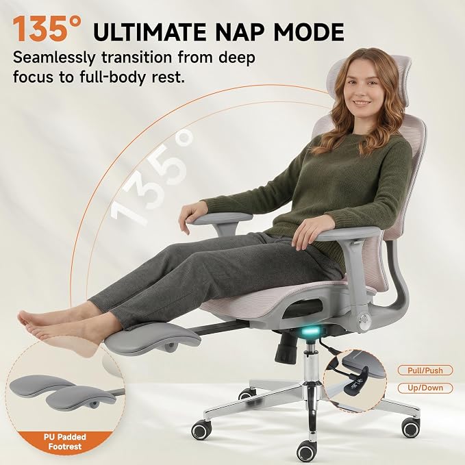 Korser Ergonomic Mesh Office Chair with Footrest, Big and Tall Desk Chair with 4D Flip-Up Arms, Auto-Tracking Lumbar Support, 3D Headrest, High Back Computer Gaming Chair for Home Office, Pink