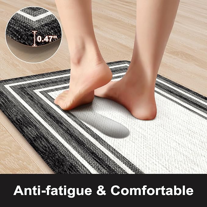 KIMODE Anti Fatigue Kitchen Mats for Floor 20"x59"+20"x32", Farmhouse Kitchen Rugs Sets of 2, Cushioned Non Slip Kitchen Mats for Floor, Comfort Kitchen Floor Mats for Sink Laundry Desk Black