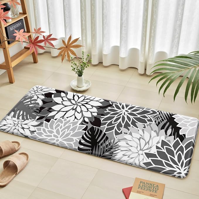 Arenarug Kitchen Mats for Floor 2 Piece Cushioned Anti Fatigue Kitchen Mats Waterproof Non Slip Kitchen Mat Rug Set Comfort Foam Standing Mat for Sink, Laundry, Office, Black White