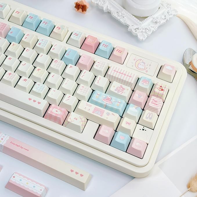 Blue Pink Gingham Keycaps 143 Keys, PBT Keycap Set Cherry Profile, Cute Custom Keycap, Dye-Sublimation Key Caps for Cherry MX Switches Mechanical Gaming Keyboard 60% 75% 100%