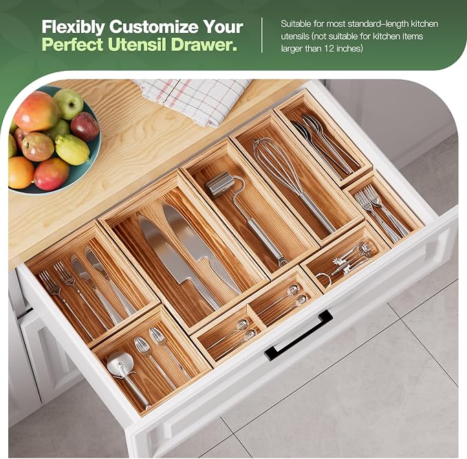 9-Pack Solid Wood Junk Drawer Organizer, Modular Desk Drawer Tray & Accessories with Non-Slip Pad, Multi-Use for Kitchen, Office, Bedroom Dresser, Utensil, Makeup, Stationery, Tea Bags & Coffee Pod