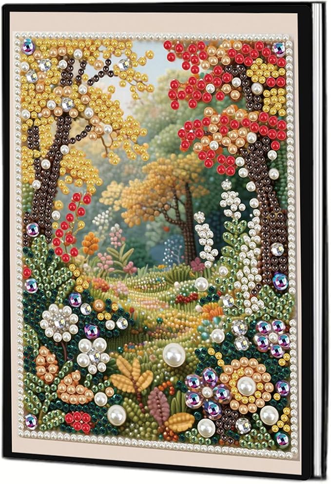 FRANDEK Pearl Painting Notebook Kit, Autumn Forest A5 DIY Journal with 50 Blank Pages, Diamond Gem Art Cover with Waterproof Canvas, Beginner Craft Set with Full Tools for Adults