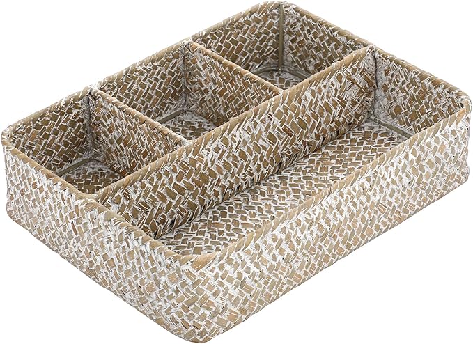 BTSKY Desk Drawer Organizer Tray, Coffee Station Organizer Tea Bag Organizer, Woven Seagrass Storage Basket with 4 Divided Sections Handwoven Wicker Basket for Shelves, Pantry, Coffee Bar (White)