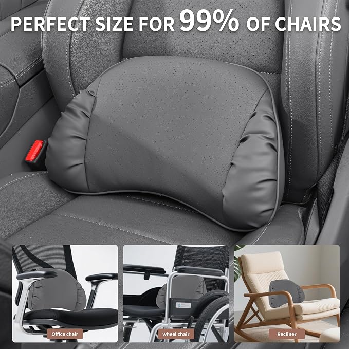 Memory Foam Lumbar Support Pillow for Car Seat, Gray, 1 Pack | Leather Lumbar Pillow for Lower Back Pain Relief - Back Cushion for Driving - Chair Support for Office Chair, Gaming Chair