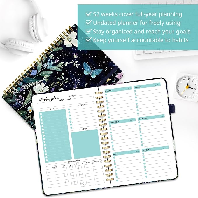 Taja Undated Weekly Planner, Weekly To Do List Notebook with Goal & Habit Tracker Organizer, A5 Weekly Planner Notebook with Spiral Binding, 6.1" x 8.2" - Celestial Garden