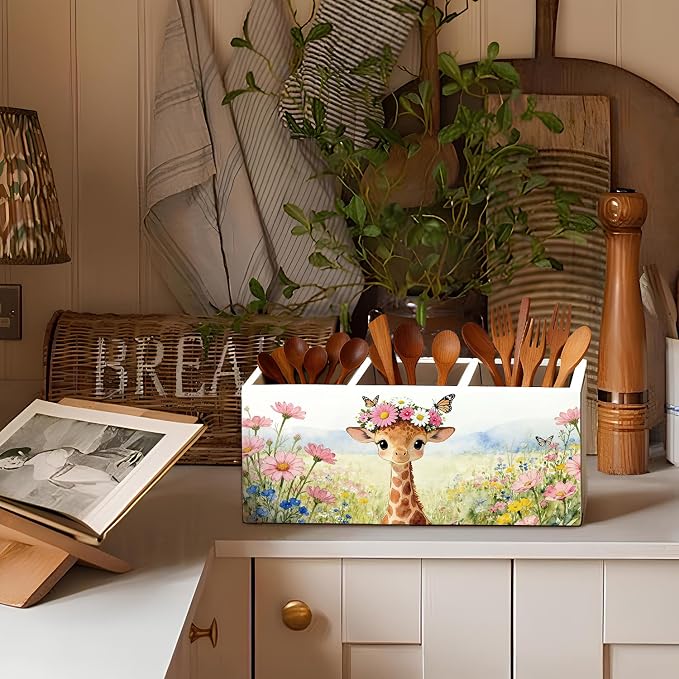 Giraffe Pen Pencil Holder for Desk Accessories, Giraffe Gifts for Women & Kids, Rustic Butterfly Flower Wild Animal Wooden Box Sign Decorations for Kids Room Home Office Desk Tabletop