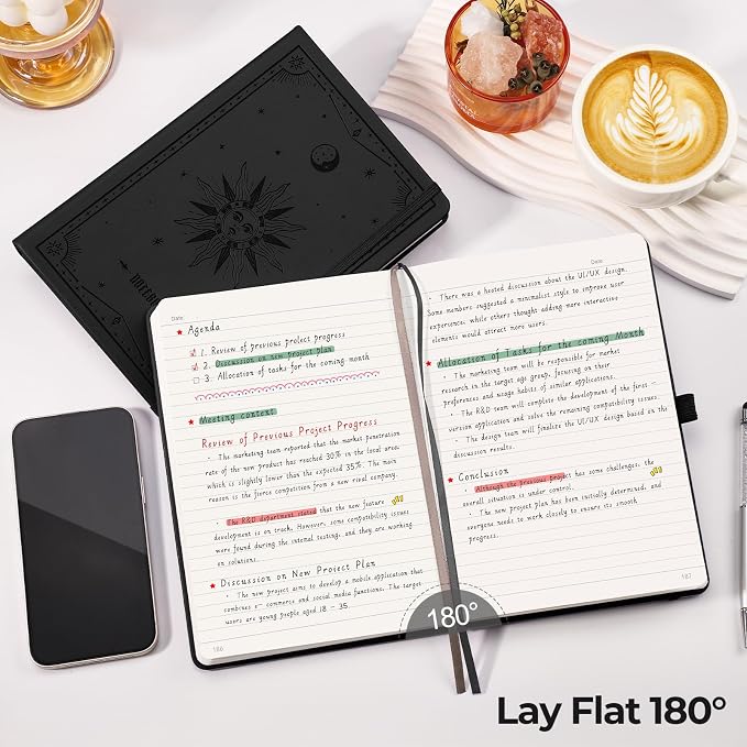 EMSHOI A5 College Ruled Notebook, 320 Numbered Pages 100GSM Ink-Proof Faux Leather Hardcover Lay-Flat Lined Journal for Work Office School Writing, SUN Design, Small 5.75" x 8.38", Black