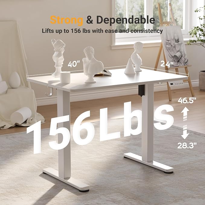 YDN Electric Standing Desk Adjustable Height, 40 x 24 Inches Stand up Desk with Cable Management, Home Office Desks with Splice Board & White Frame, White Top