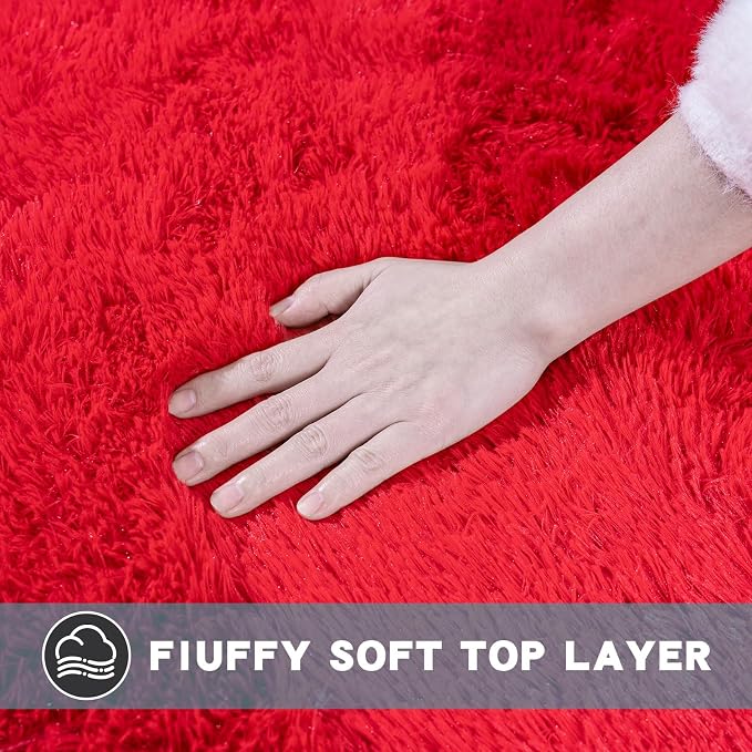 4x6 Area Rug for Bedroom, Red Rugs for Living Room Nursery Kids Room Dorm Home Decor Aesthetic, Fluffy Shaggy Rug with 4 Anti-Slip Carpet Tapes