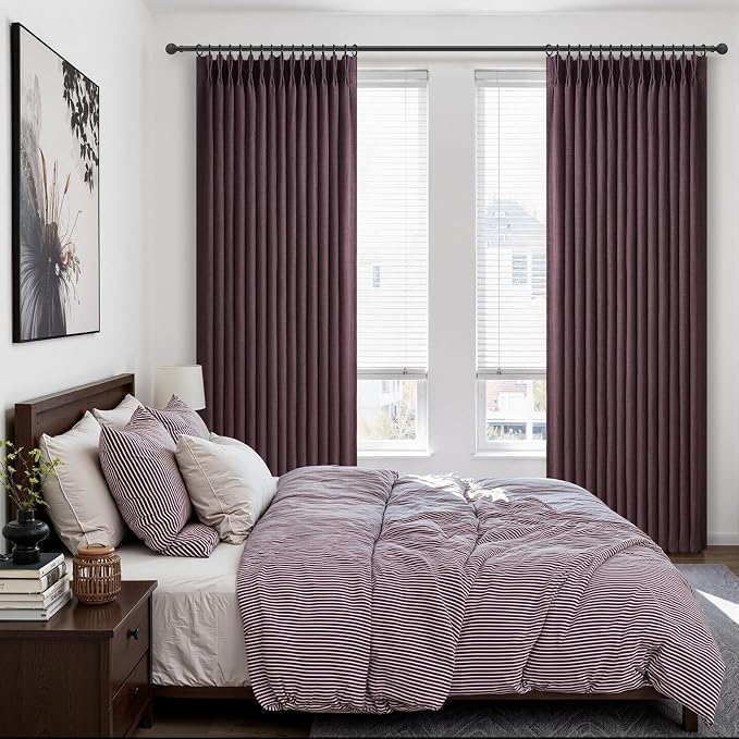 Dark Purple Blackout Pinch Pleated 84 Inch Bedroom Curtains 2 Panels Set, Memory Trained Thermal Noise Cancelling Double Layer Natural Linen Viral Windows Drapes for Living Room Light Blocking 7 FT