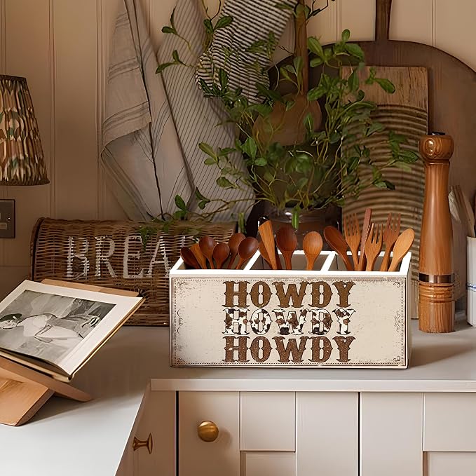 Western Pen Pencil Holder for Desk, Cowboy Gifts, Cowgirl Gifts for Women, Western Office Decor, Retro Country Howdy Southwestern Wooden Box Sign Decorations for Home Office Desk Tabletop