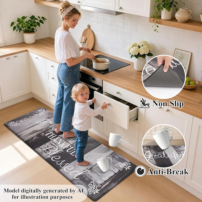 HEBE Anti Fatigue Kitchen Mat Set of 2, Cushioned Kitchen Mats for Floor | Non Slip Waterproof Kitchen Rug and Runner Set, Farmhouse PVC Foam Comfort Mat Floor Carpet for Sink, Standing Desk, Laundry