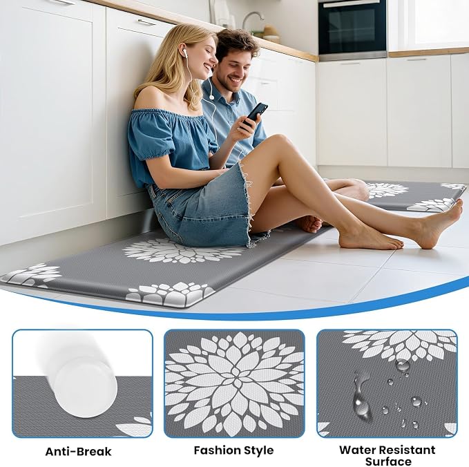 2PCS Kitchen Mats for Floor, Anti Fatigue Non-slip Water Resistant Grey Rug | Soft Kitchen Rugs for Home, Cushioned Standing Desk Mat, Comfort Mat for Office, Sink, Laundry, 17.3" x 47" + 17.3" x 30"
