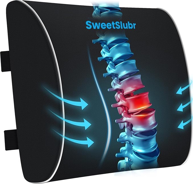 SweetSlubr Large Lumbar Support Pillow for Office Chair, Car Seats and Home Desks, Ergonomic Back Support with Double Adjustable Straps, Machine Washable Cover (Black,XL)