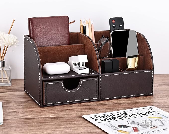 Pu Leather Desk Organizer Pen Pencil Holder Office Supplies Caddy Storage Box 6 Compartments with Drawer Brown