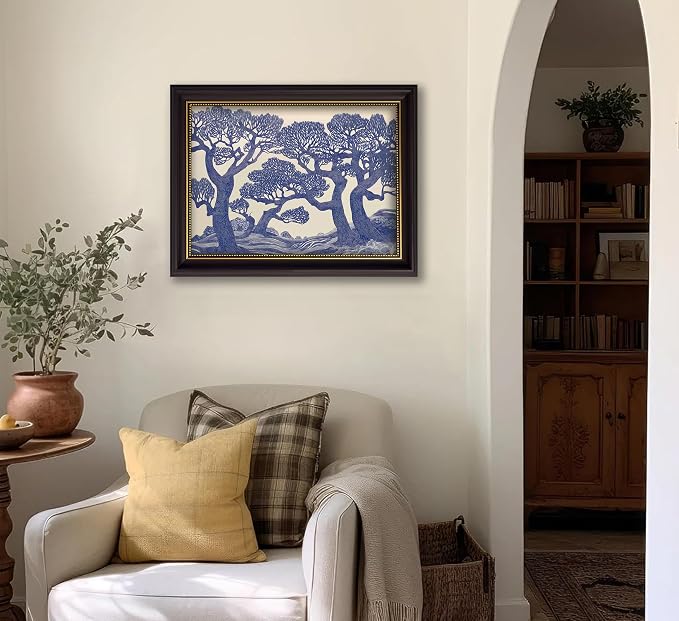 Vintage Gold Framed Wall Art Oak Tree Forest Painting Canvas Prints Blue Woodland Nature Landscape Picture Moody Botanical Poster Artwork for Living Room Bedroom, 16x24in