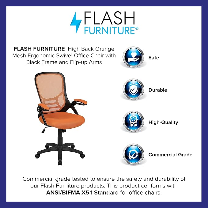 Flash Furniture Porter Mesh High Back Ergonomic Swivel Office Chair with Lumbar Support, Flip-Up Arms, Tilt Lock/Tilt Tension, Height Adjustable, Black/Black Frame