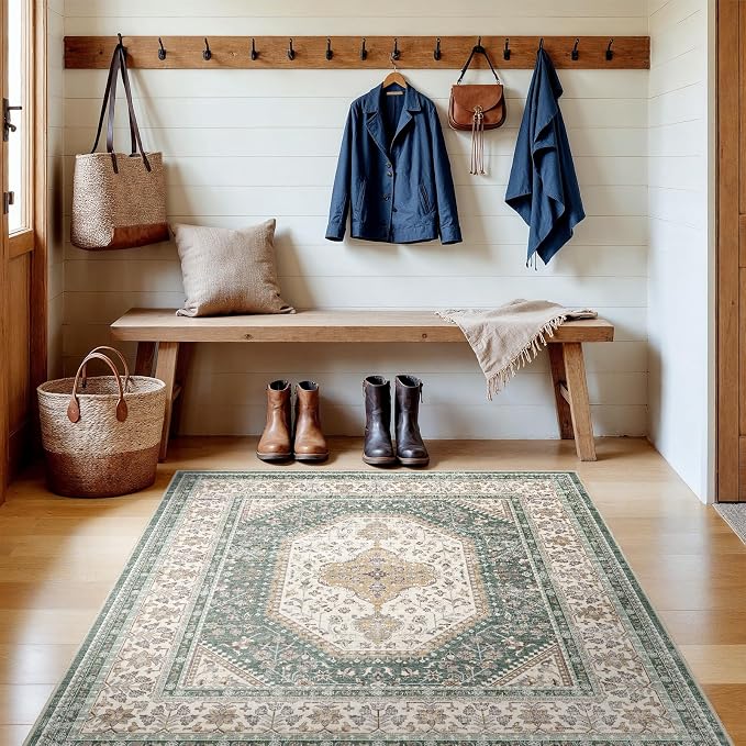 4X4 Square Rug for Living Room - Washable Kitchen Area Rug with Non Slip Rubber Backing for Bedroom Indoor Soft Stain Resistant Carpet Desk Rug for Pet-Friendly and Kitchen Decor Green/Beige