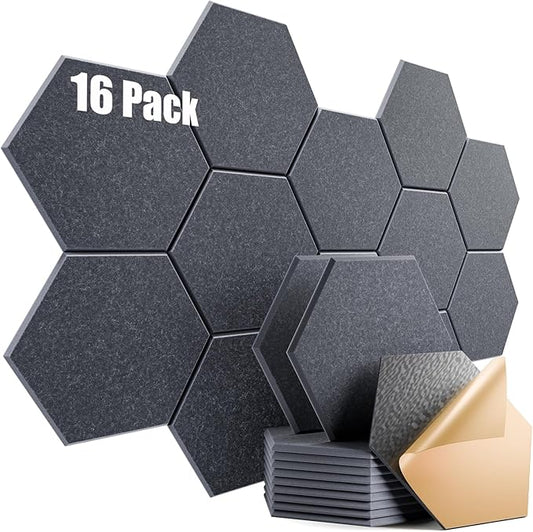 16 Pack Self-Adhesive Acoustic Panels 12" X 10" X 0.4" - Sound Proof Foam Panels for Wall with High Density, Hexagon Design, Flame Resistant, Absorb Noise and Eliminate Echoes(Dark Gray)