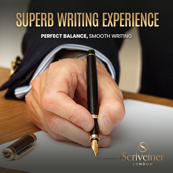 Scriveiner Luxury Fountain Pen - Stunning Black Lacquer Pen, Real Gold Finish, Schmidt Gilded Nib (Fine), Converter, Best Pen Gift Set for Men & Women, Professional, Executive, Office, Nice Pens
