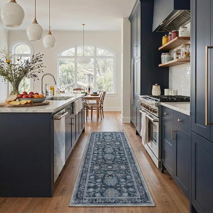 GENIMO Kitchen Rug Sets of 2, Non-Slip Washable Low-Pile Kitchen Mats for Floor, Waterproof Kitchen Runner Rug, for Hallway, Laundry, Sink, Entryway, Bathroom, 20"x32"+20"x48", Navy Blue