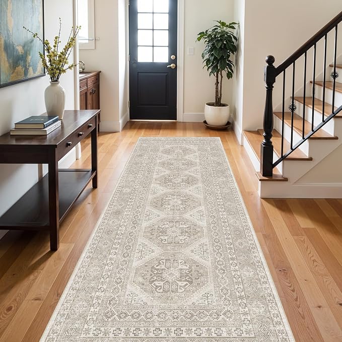 3x10 Runner Rug Kitchen Washable:Oriental Indoor Hallway Runners with Non Slip Backing Floor Mat for Entryway Door Low Pile Thin Carpet for Bedroom Bathroom Living Room Bedside (Beige, 3x10)